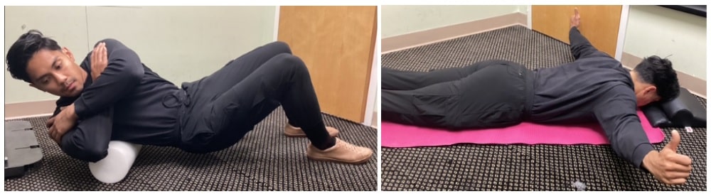 Man doing back stretches for kyphosis: lying on a foam roller, then face down with arms extended on a pink mat.