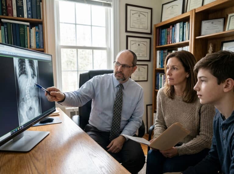 A doctor discusses non-surgical scoliosis treatment while showing an X-ray to a woman and a boy in an office filled with books and framed certificates.