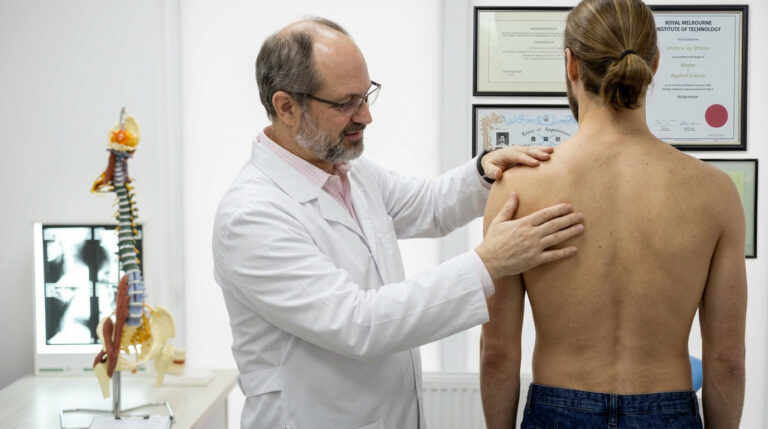 A doctor examines a patient's shoulder in a medical office, with certificates and a spine model illustrating adult scoliosis in the background.