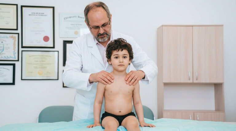 A doctor examines a young boy’s shoulders for signs of Dextroscoliosis in a medical office with certificates on the wall.