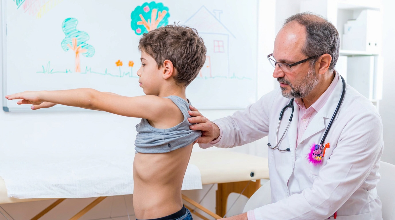 A doctor examines a young boy's back as he raises his arms in a medical office, highlighting the importance of scoliosis screening for early detection.